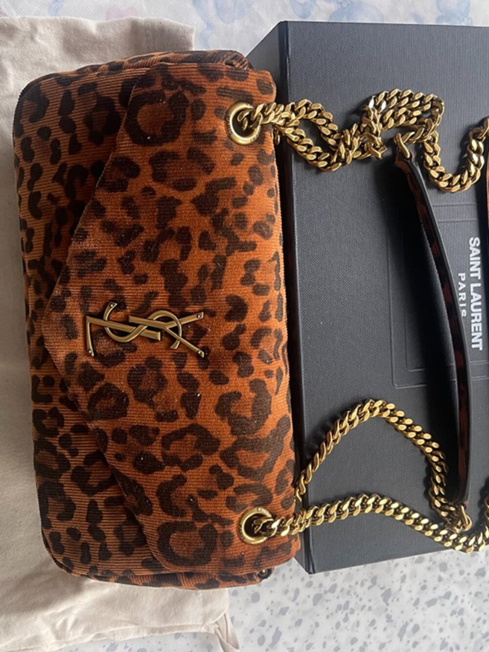 Saint Laurent Leopard Print Corduroy Shoulder Bag